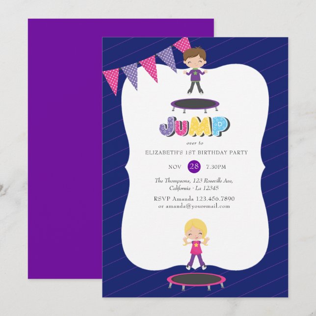 Invitation Fête d'anniversaire sur trampoline violet royal et (Devant / Derrière)