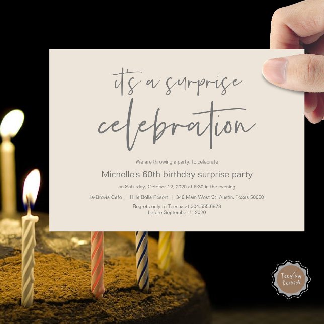 Invitation Fête d'anniversaire surprise (Surprise Birthday Party Celebration Invitation Card, PDF, in Cream and Dark Grey)