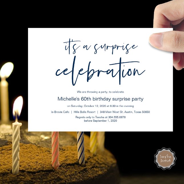 Invitation Fête d'anniversaire surprise (Surprise Birthday Party Celebration Invitation Card, PDF, in Navy Blue)