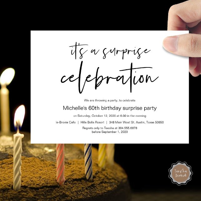 Invitation Fête d'anniversaire surprise (It's a surprise celebration, Birthday invitation card, pdf, modern script, in black and white)