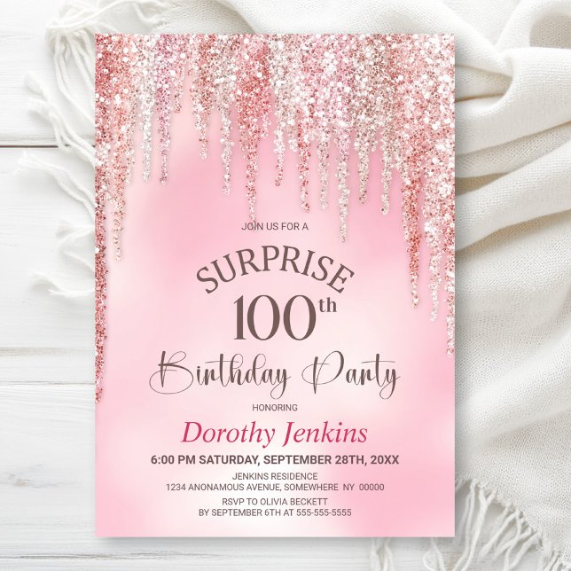 Invitation Fête d'anniversaire surprise 100 ans avec paillett (Créateur téléchargé)