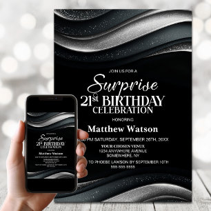 Invitation Fête d'anniversaire surprise 21 ans noir et argent