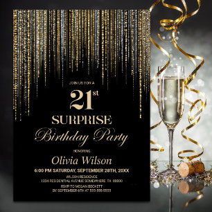 Invitation Fête d'anniversaire surprise 21 ans noir paillette