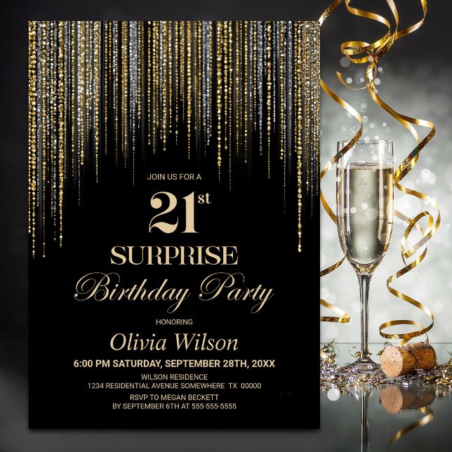 Invitation Fête d'anniversaire surprise 21 ans noir paillette (Créateur téléchargé)