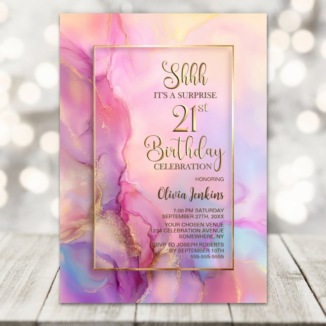 Invitation Fête d'anniversaire surprise 21 ans rose et or (Créateur téléchargé)