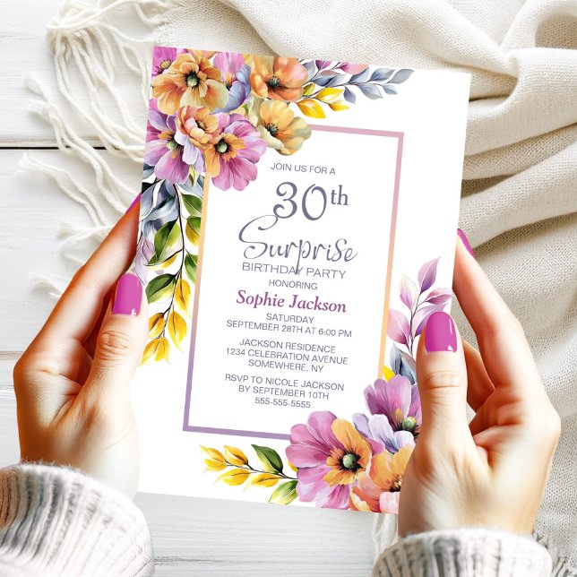 Invitation Fête d'anniversaire surprise 30 ans aux fleurs ros (Créateur téléchargé)