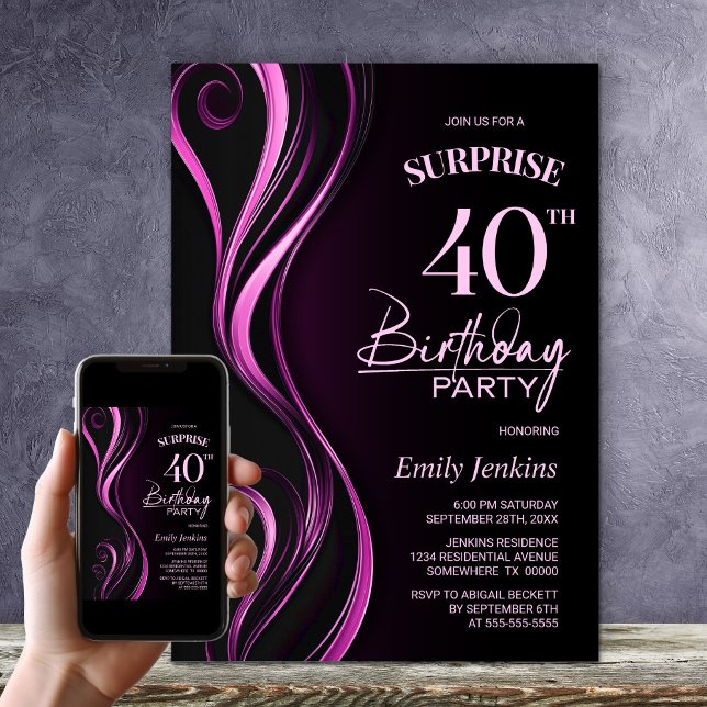 Invitation Fête d'anniversaire surprise 40 ans noir et rose (Créateur téléchargé)