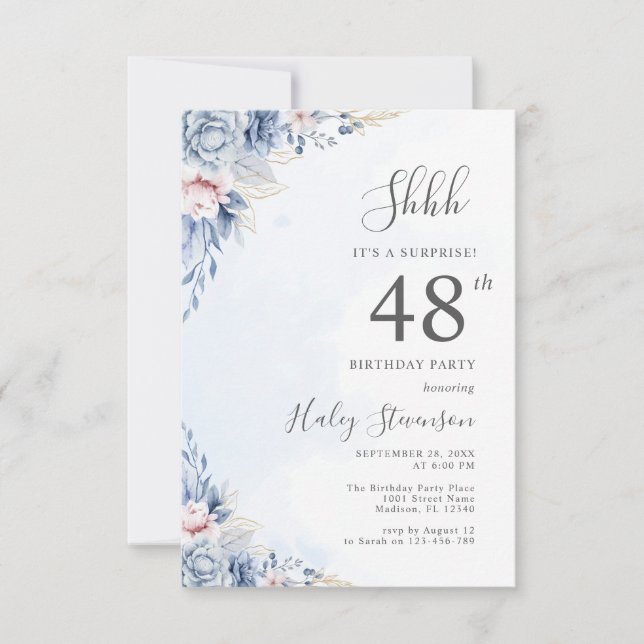 Invitation Fête d'anniversaire surprise 48 ans Dusty Blue aqu (Devant)