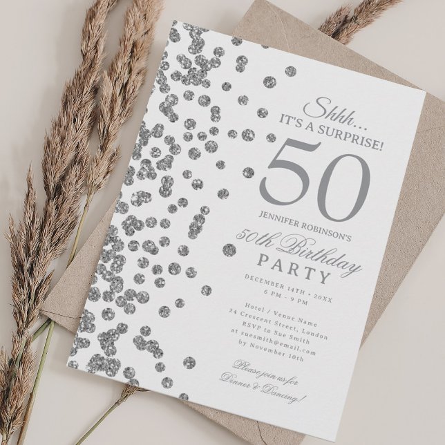 Invitation Fête d'anniversaire surprise 50 ans Paillettes d'a (Silver Glitter Surprise 50th Birthday Party Invitation)