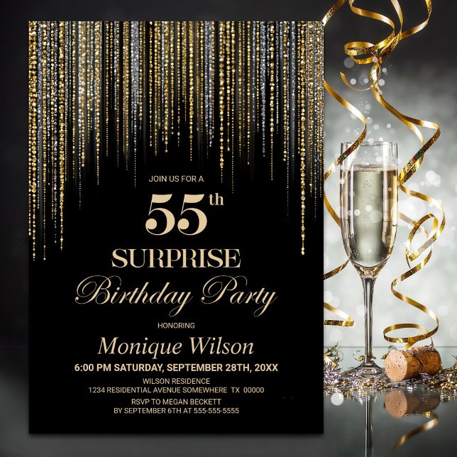 Invitation Fête d'anniversaire surprise 55 ans noir et paille (Créateur téléchargé)