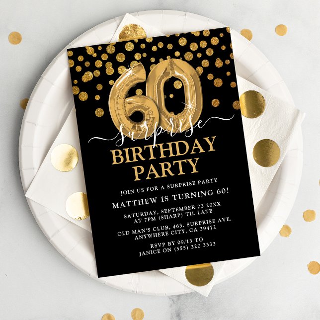 Invitation Fête d'anniversaire surprise 60 ans moderne noir e (Créateur téléchargé)
