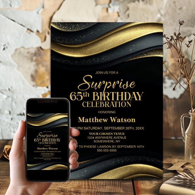 Invitation Fête d'anniversaire surprise 65 ans noir et or mod (Créateur téléchargé)