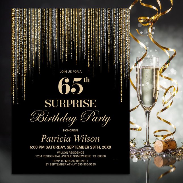 Invitation Fête d'anniversaire surprise 65 ans noir paillette (Créateur téléchargé)