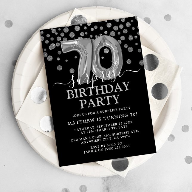 Invitation Fête d'anniversaire surprise 70 ans moderne noir e (Créateur téléchargé)