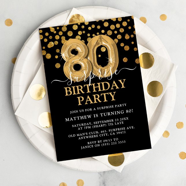 Invitation Fête d'anniversaire surprise 80 ans moderne noir e (Créateur téléchargé)