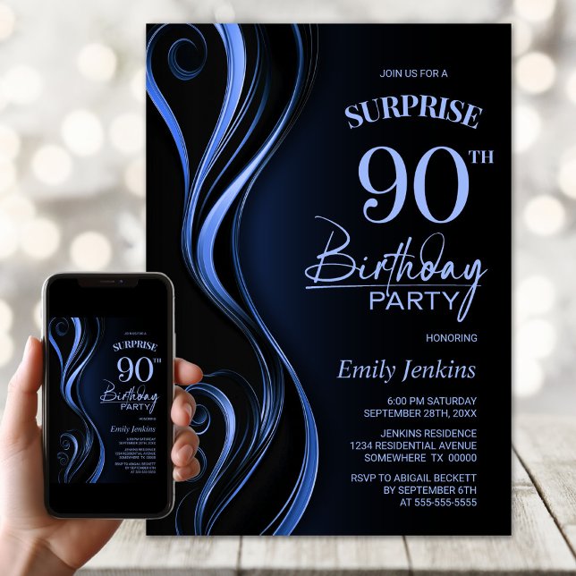 Invitation Fête d'anniversaire surprise 90 ans en noir et ble (Créateur téléchargé)