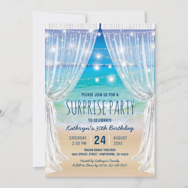 Invitation Fête d'anniversaire surprise à destination de plag (Devant)
