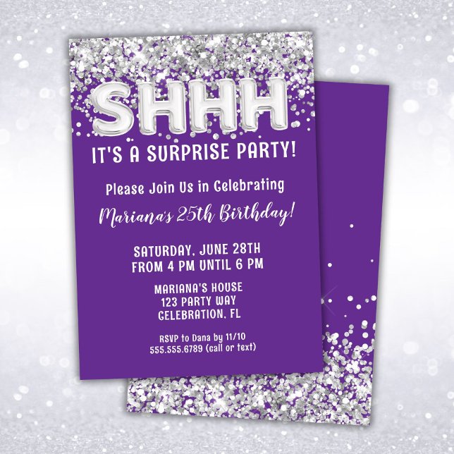 Invitation Fête d'anniversaire surprise avec paillettes argen (Créateur téléchargé)