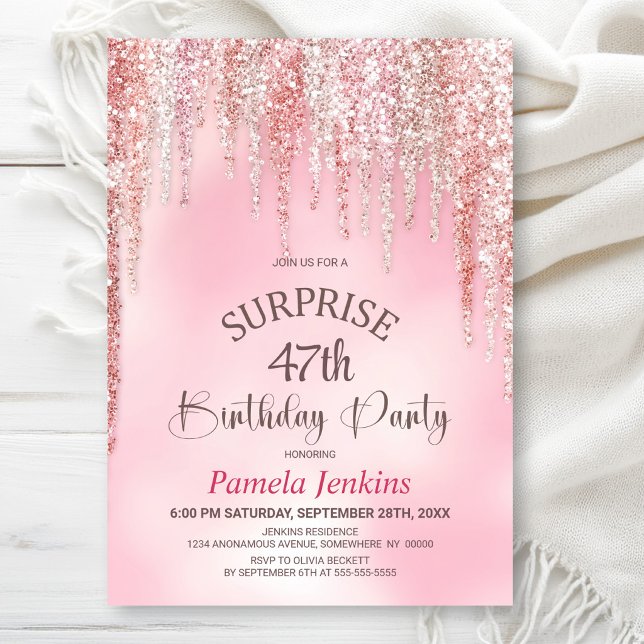 Invitation Fête d'anniversaire surprise avec paillettes roses (Créateur téléchargé)