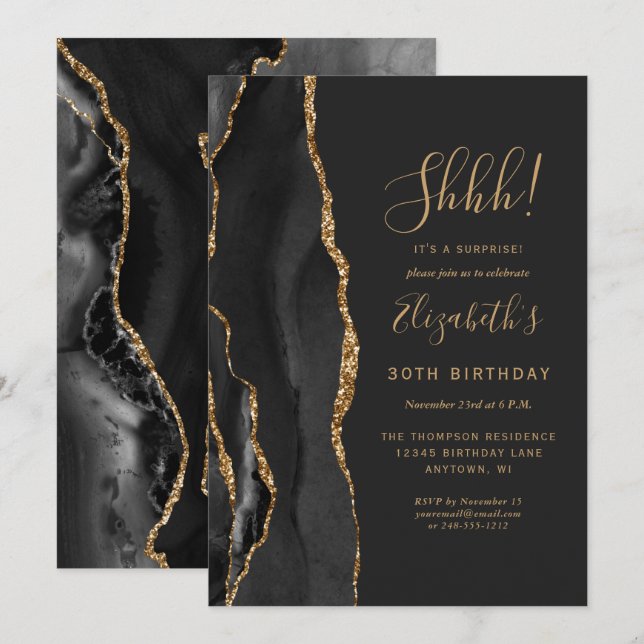 Invitation Fête d'anniversaire surprise Black Agate Gold (Devant / Derrière)