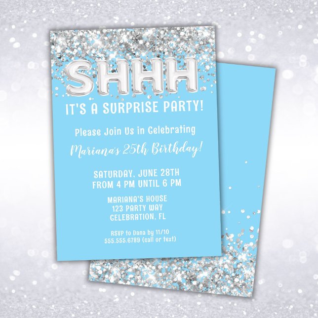 Invitation Fête d'anniversaire surprise bleu clair argent pai (Créateur téléchargé)