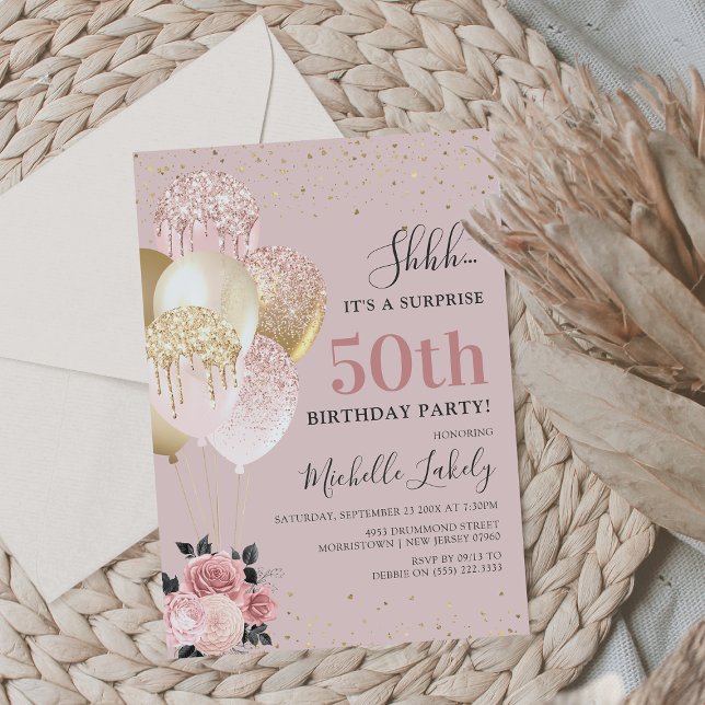 Invitation Fête d'anniversaire surprise chic et girly 50 ans (Créateur téléchargé)