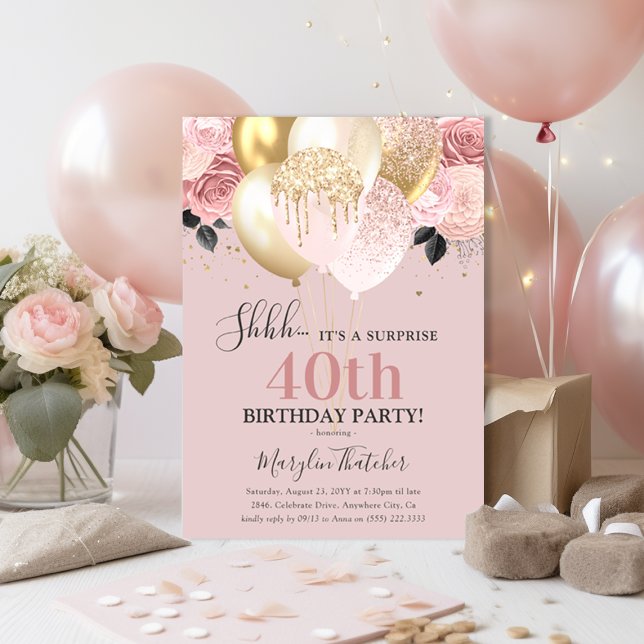 Invitation Fête d'anniversaire surprise chic et girly pour 40 (Créateur téléchargé)