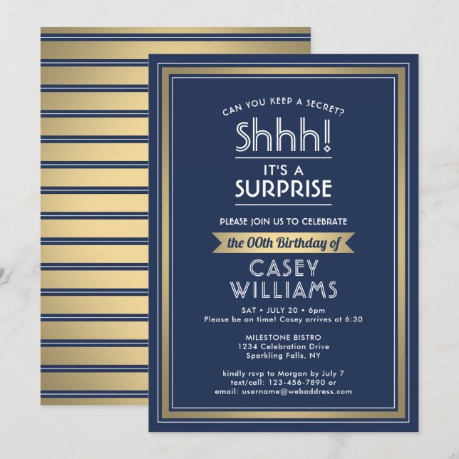 Invitation Fête d'anniversaire surprise Chut ! Bleu marine et (Devant / Derrière)