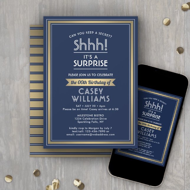 Invitation Fête d'anniversaire surprise Chut ! Bleu marine et (Créateur téléchargé)