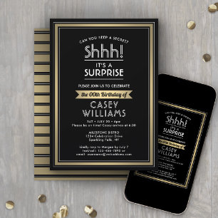 Invitation Fête d'anniversaire surprise Chut ! Noir, blanc et