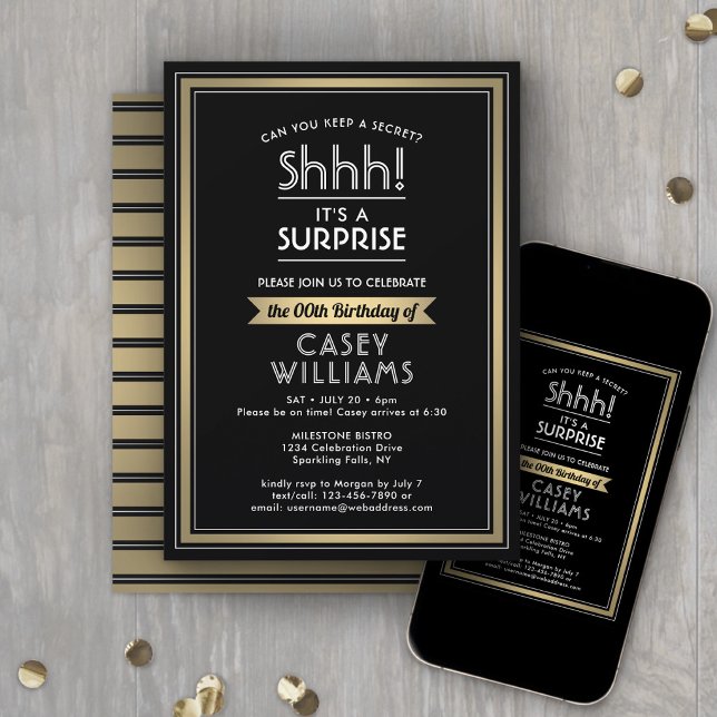 Invitation Fête d'anniversaire surprise Chut ! Noir, blanc et (Créateur téléchargé)