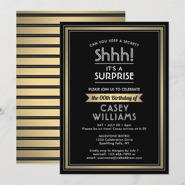 Invitation Fête d'anniversaire surprise Chut ! Noir, blanc et (Devant / Derrière)