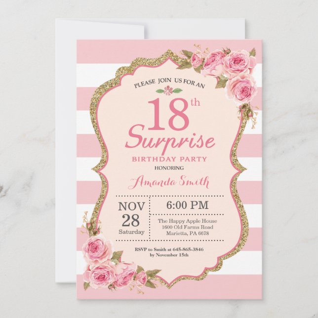 Invitation Fête d'anniversaire surprise de 18 ans aux pivoine (Devant)
