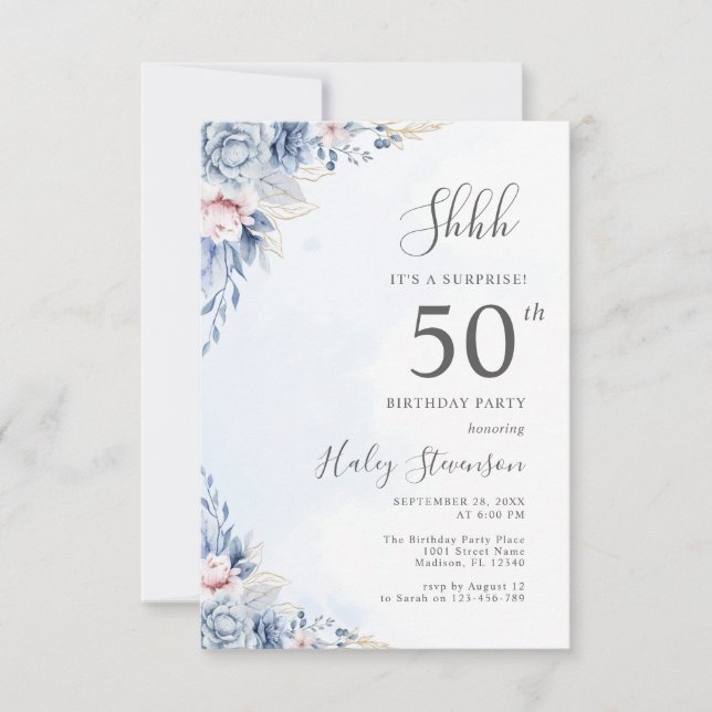 Invitation Fête d'anniversaire surprise de 50 ans Dusty Blue  (Devant)