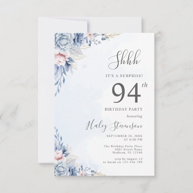Invitation Fête d'anniversaire surprise de 94 ans bleu poussi (Devant)