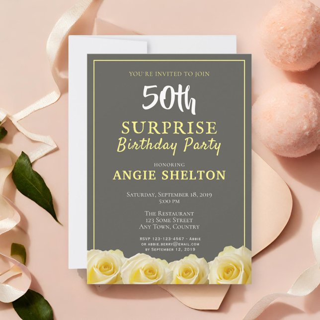 Invitation Fête d'anniversaire surprise des 50 ans Rose jaune (Créateur téléchargé)