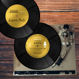 Invitation Fête d'anniversaire surprise disque vinyle noir or