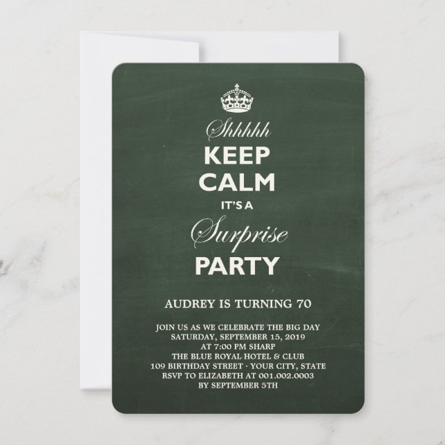 Invitation Fête d'anniversaire surprise drôle Keep Calm sur t (Devant)