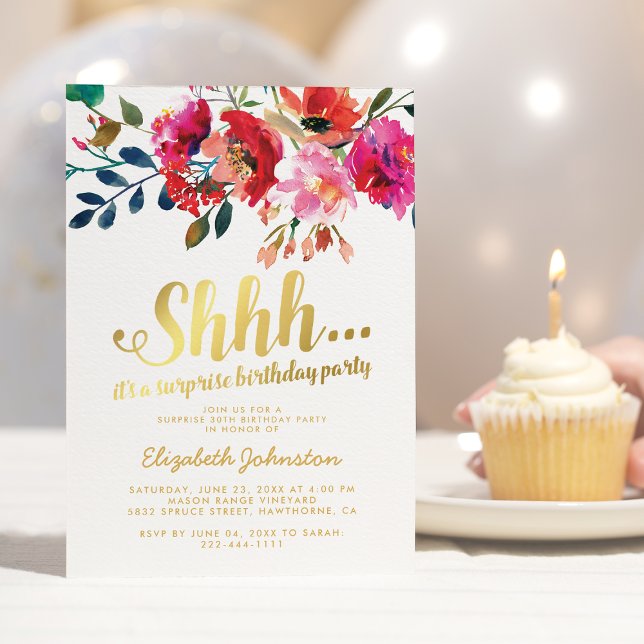 Invitation Fête d'anniversaire surprise élégante avec fleurs  (Créateur téléchargé)