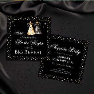 Invitation Fête d'anniversaire surprise élégante noir or 50 a