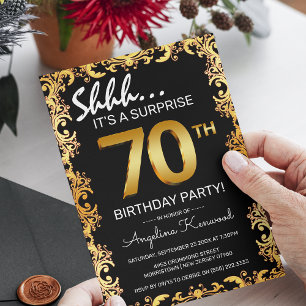 Invitation Fête d'anniversaire surprise élégante noire et or 