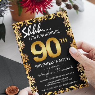 Invitation Fête d'anniversaire surprise élégante noire et or 