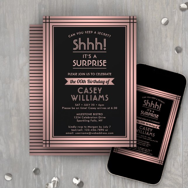 Invitation Fête d'anniversaire surprise élégante Rose Gold &  (Créateur téléchargé)