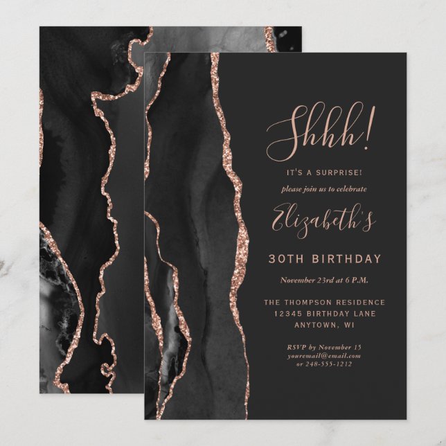 Invitation Fête d'anniversaire surprise en agate noire (Devant / Derrière)