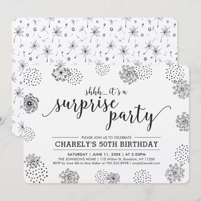 Invitation Fête d'anniversaire surprise Fleur Moderne Noir 50 (Devant / Derrière)