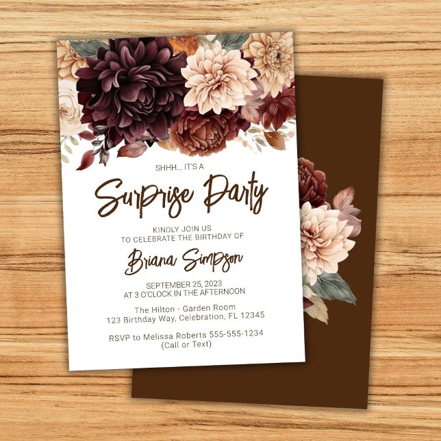 Invitation Fête d'anniversaire surprise fleurs beige marron (Créateur téléchargé)