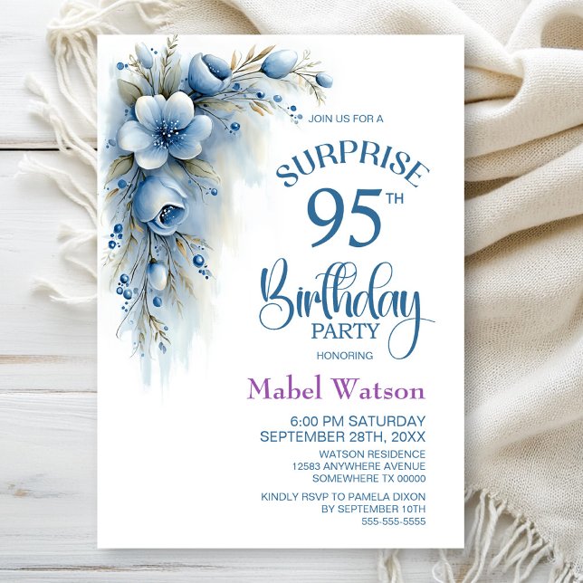 Invitation Fête d'anniversaire surprise Fleurs Bleues 95 ans (Créateur téléchargé)