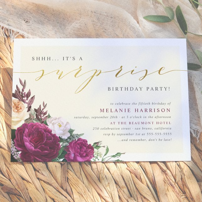 Invitation Fête d'anniversaire surprise fleurs Bourgogne & Cr (Créateur téléchargé)