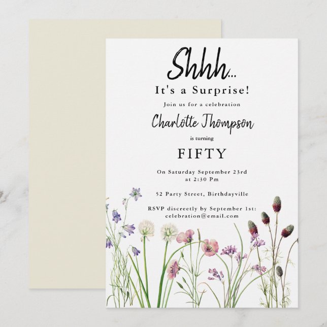 Invitation Fête d'anniversaire surprise Fleurs sauvages aquar (Devant / Derrière)