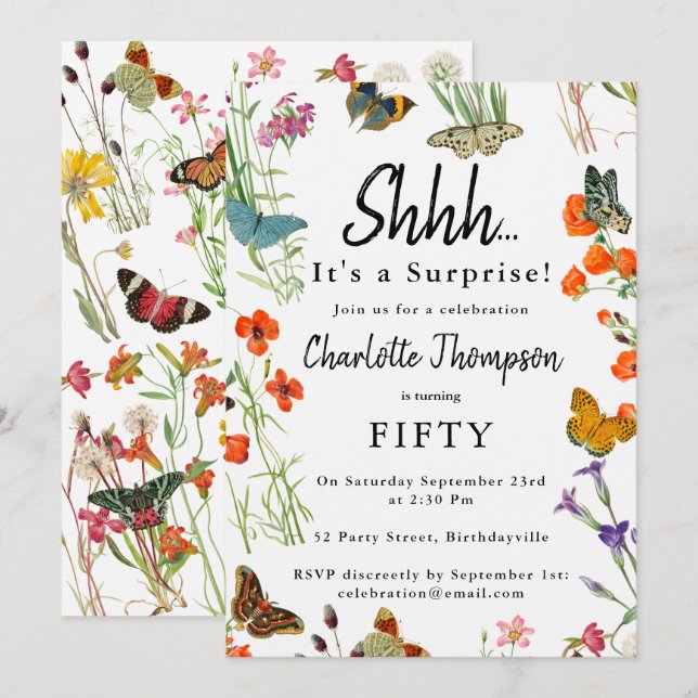 Invitation Fête d'anniversaire surprise Fleurs sauvages Papil (Devant / Derrière)